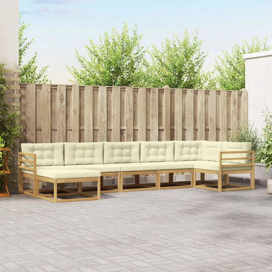 Salon de jardin modulaire 7 pièces, bois d'acacia, coussins crème, résistant aux intempéries