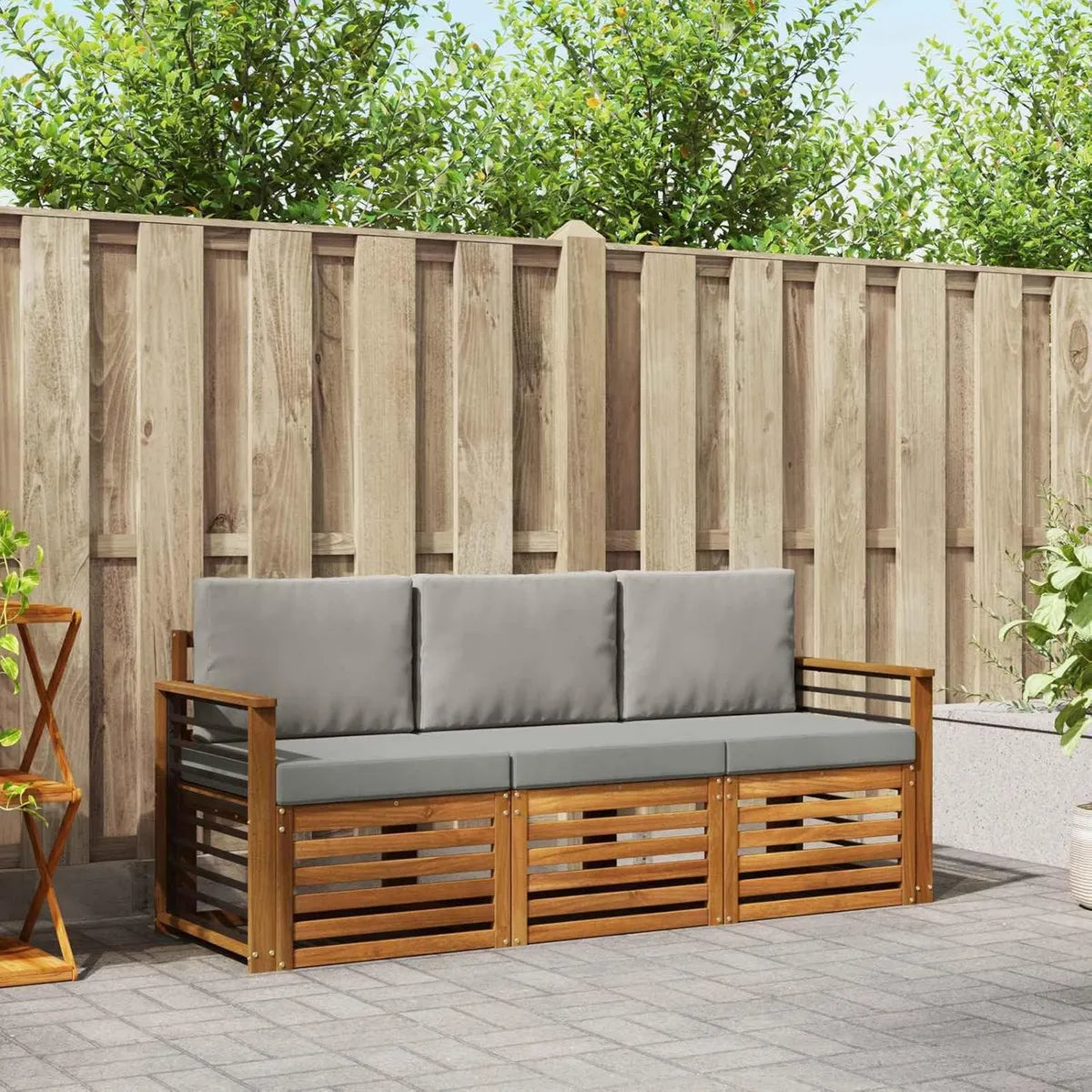 Salon de Jardin Modulable 3 pièces en Bois d'Acacia avec Coussins Gris Clair