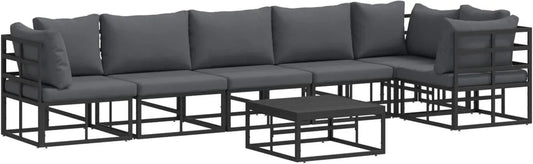 Salon de jardin 7 pièces en aluminium noir avec coussins et pieds réglables