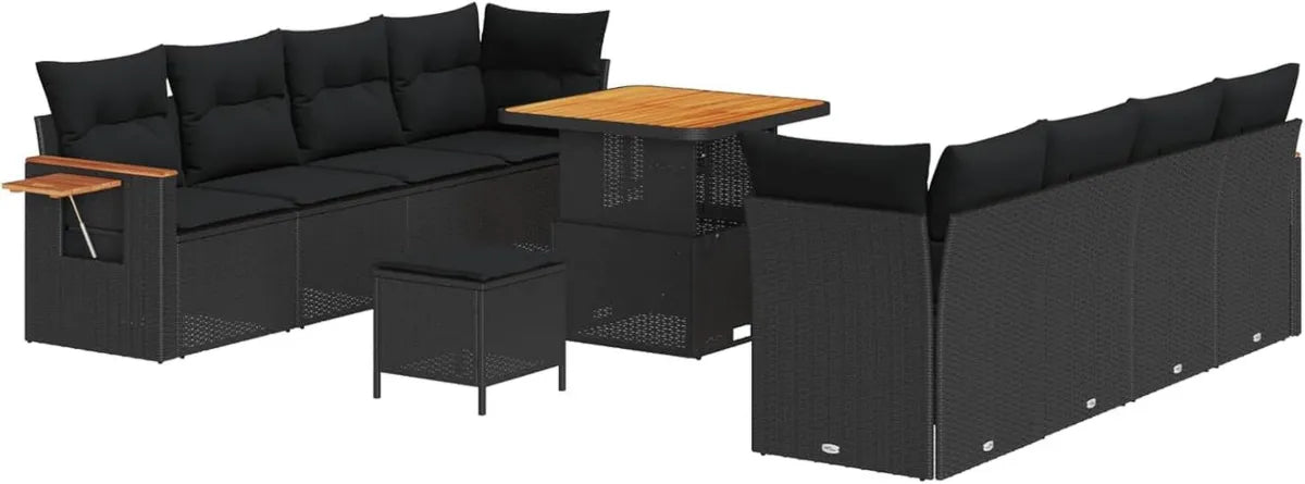 Salon de jardin modulaire 11 pièces en polyrotin avec coussins, résistant aux intempéries, structure aluminium et bois, pour balcon, terrasse ou véranda