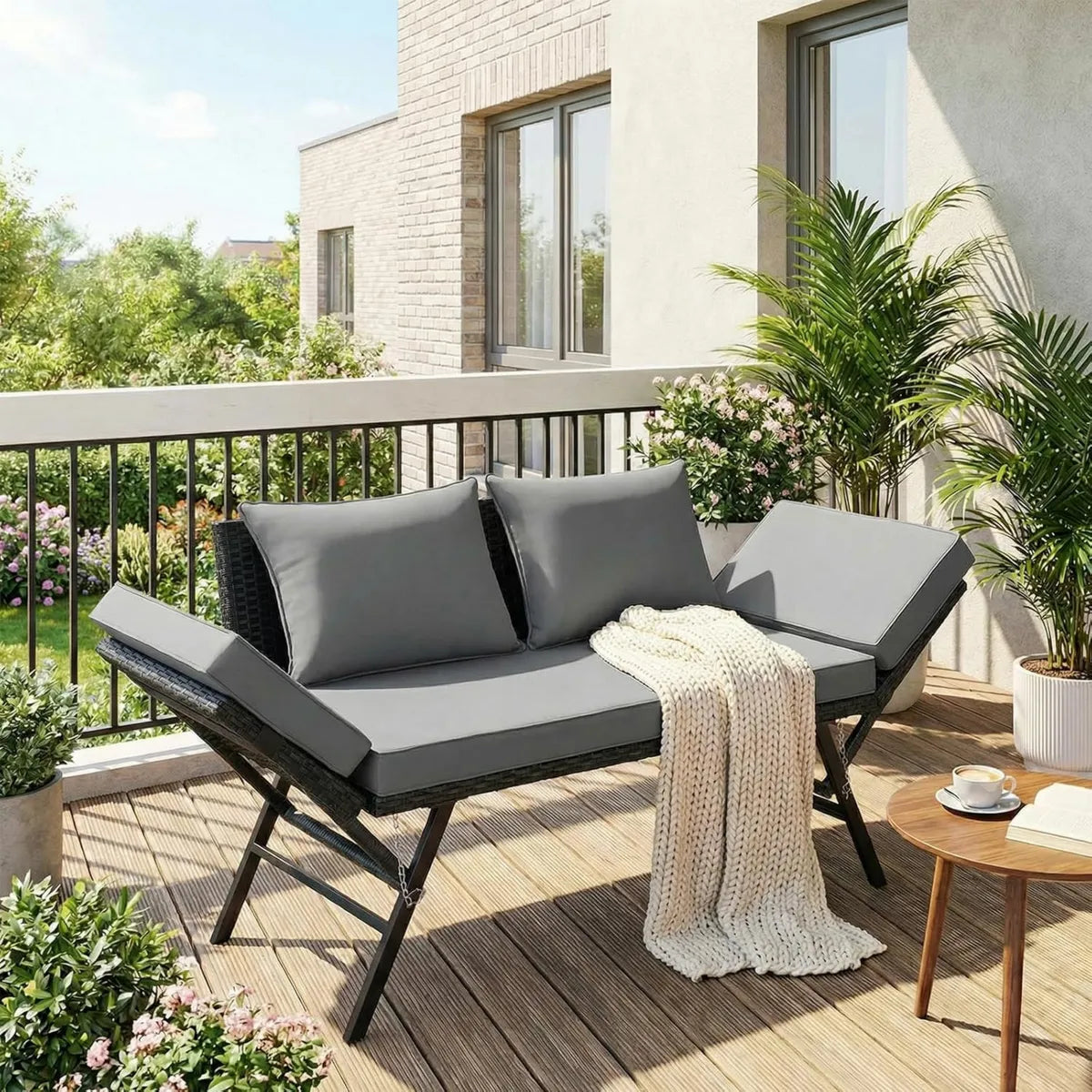 Canapé Extensible 2 Places en Rotin pour Extérieur avec Accoudoirs Réglables