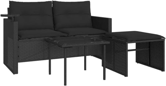 Ensemble de Jardin 3 Pièces en Résine Tressée Noire avec Coussins