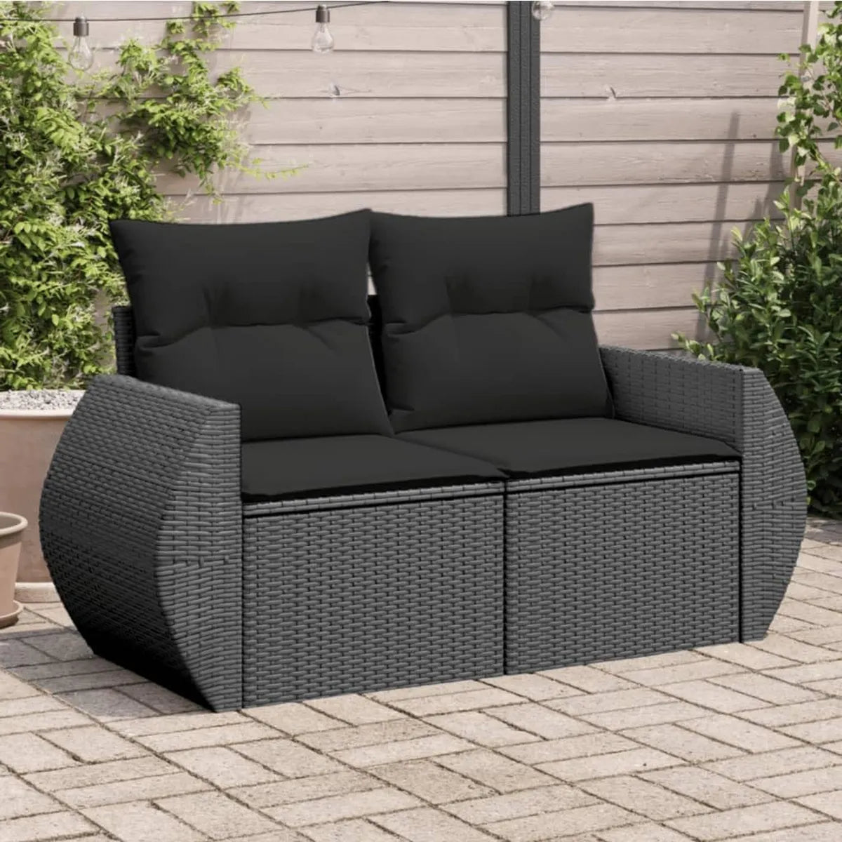 Canapé d'extérieur 2 places en rotin noir avec coussins, mobilier de jardin pour terrasse