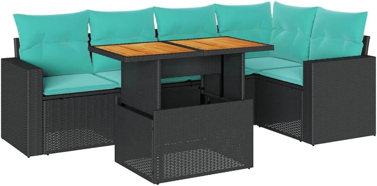 Ensemble de Salon de Jardin en Résine Tressée Noire avec Coussins - 6 Pièces