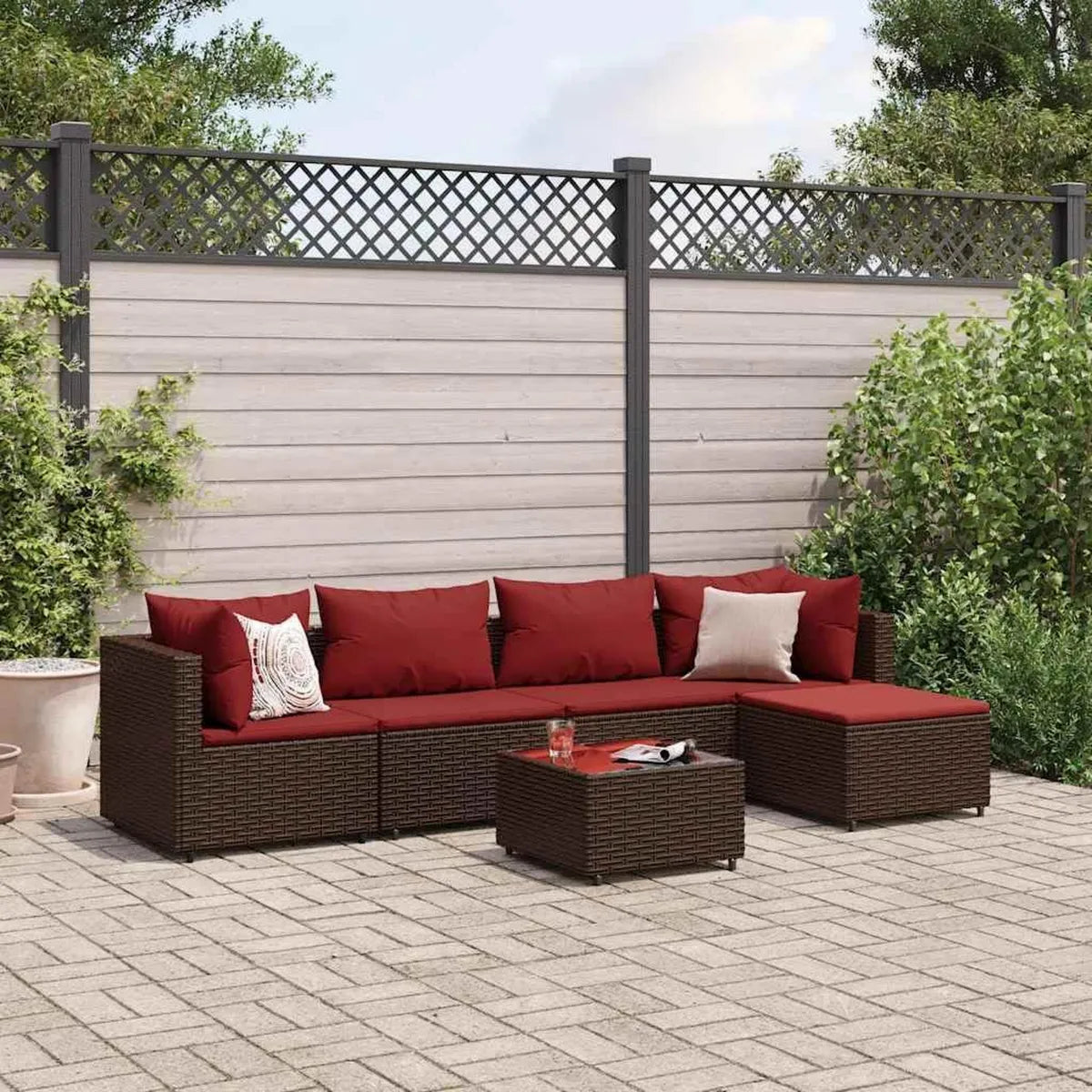 Ensemble de Salon de Jardin Modulable 6 Pièces en Résine Tressée Marron avec Coussins Cannelle Rouge