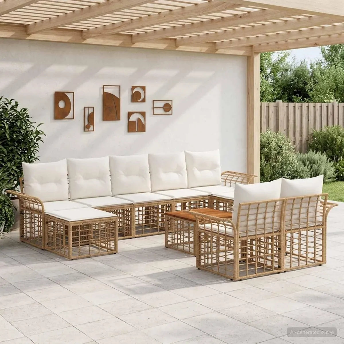 Salon de jardin modulable 10 pièces blanc crème avec coussins résistants aux intempéries