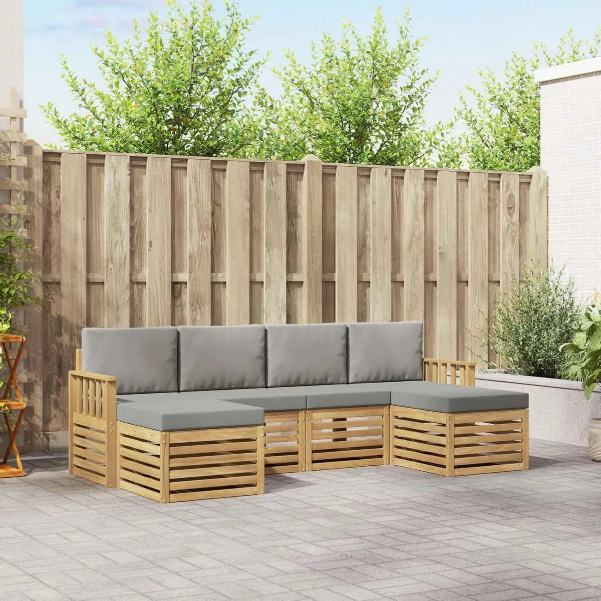 Ensemble de Salon de Jardin Modulable 5 Pièces en Acacia Blanc et Gris Clair
