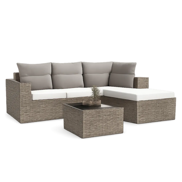 Salon de jardin d’angle résine tressée beige 4 à 5 places avec table basse et méridienne 230 cm 180 cm 70 cm coussins blancs