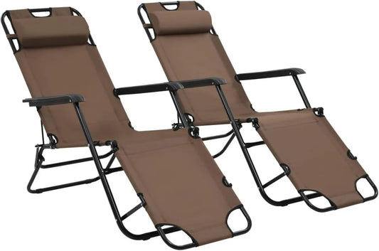Lot de 2 chaises longues pliables en acier marron pour jardin et piscine