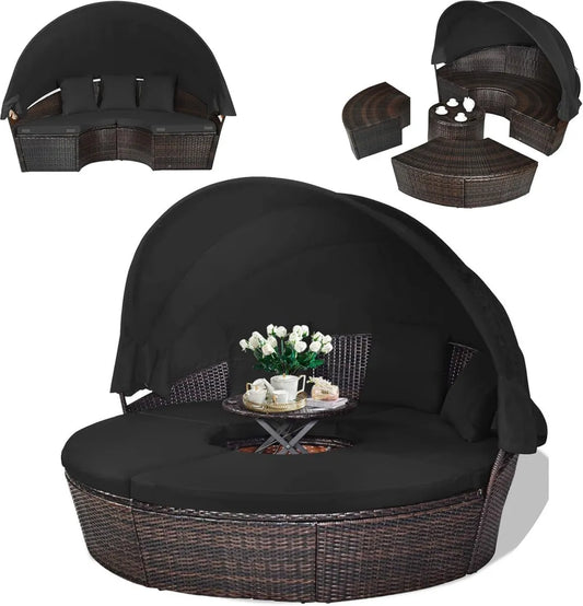 Ensemble de Jardin 3-en-1 avec Canapé, Lit et Table Basse, Auvent Rétractable, Oreillers Inclus, Mobilier Extérieur pour Terrasse et Pelouse (Noir)