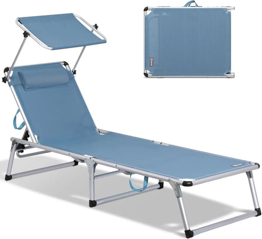 Chaise Longue de Jardin Pliable en Aluminium avec Dossier Réglable et Pare-Soleil - 190x60 cm - Bleu