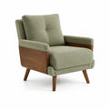 Fauteuil de salon 1 place tissu polyester vert sauge panneaux bois noyer pieds bois massif 78 x 82 x 86 cm