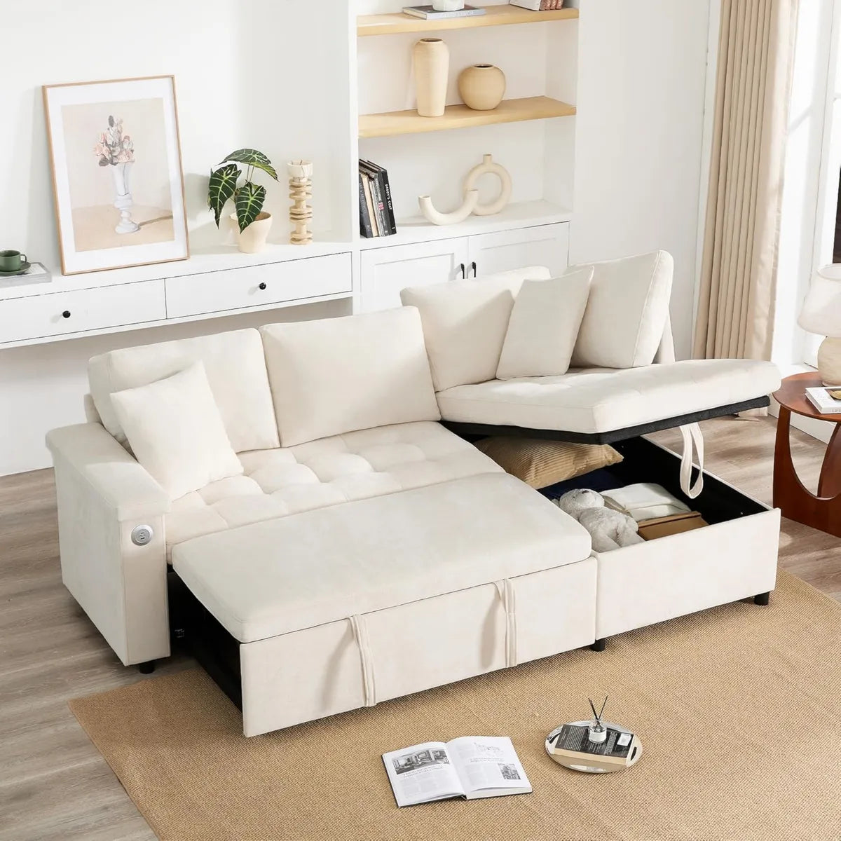 Canapé-lit d'angle convertible avec méridienne et rangement, 3 places, accoudoirs de rangement, idéal pour salon et home cinéma, beige