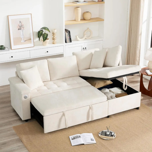 Canapé-lit d'angle convertible avec méridienne et rangement, 3 places, accoudoirs de rangement, idéal pour salon et home cinéma, beige