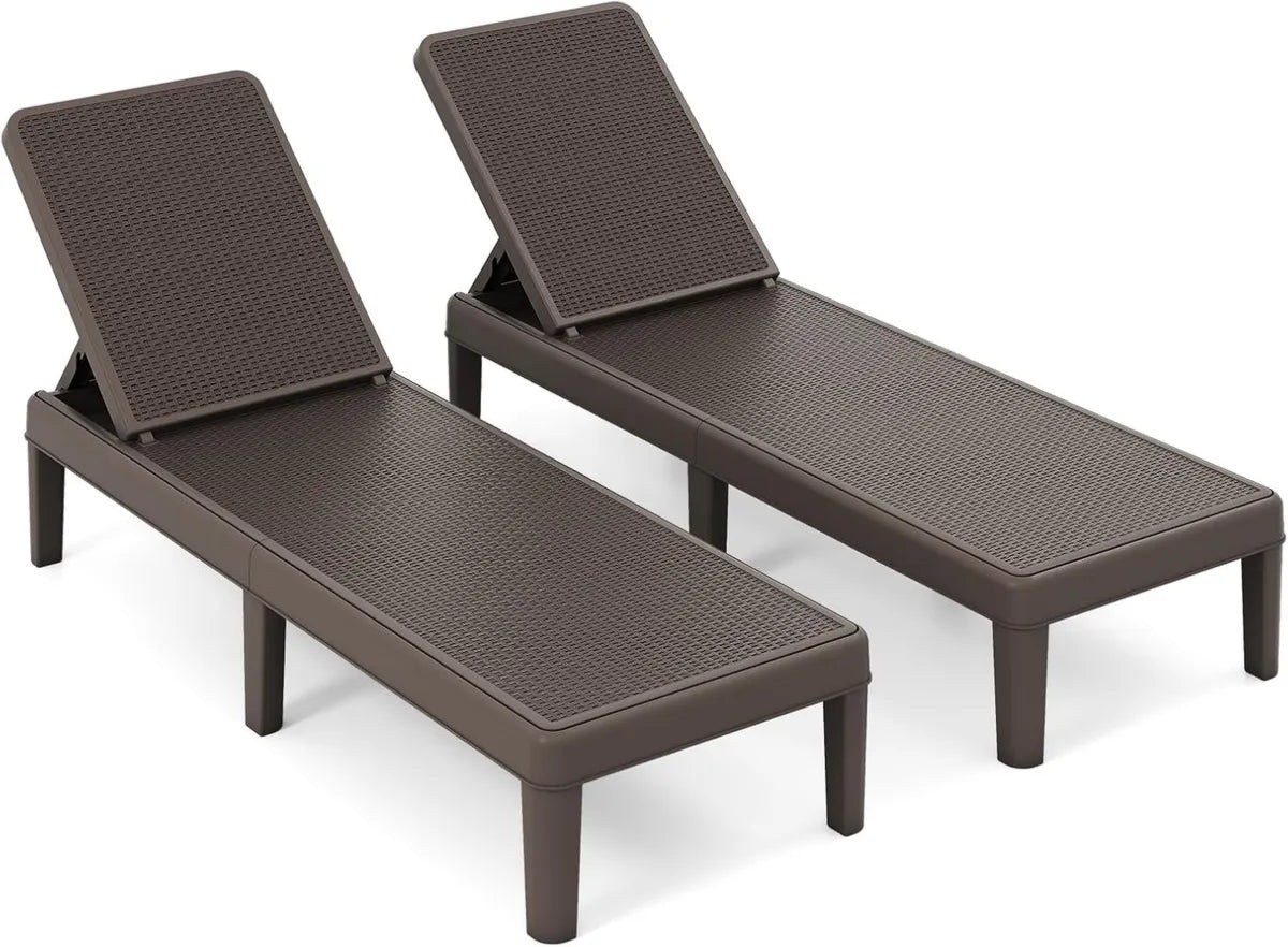 Chaise Longue de Jardin en Résine, Lot de 2, Dossier Réglable 4 Positions, Sans Montage, Supporte 150kg, Idéale pour Terrasse et Piscine, Marron