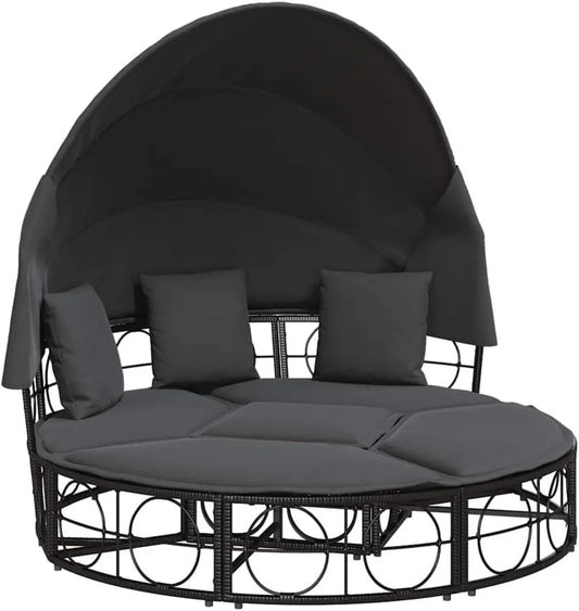 Lit de jardin modulable en résine tressée avec auvent rétractable et coussins gris foncé, chaise longue confortable pour terrasse et piscine