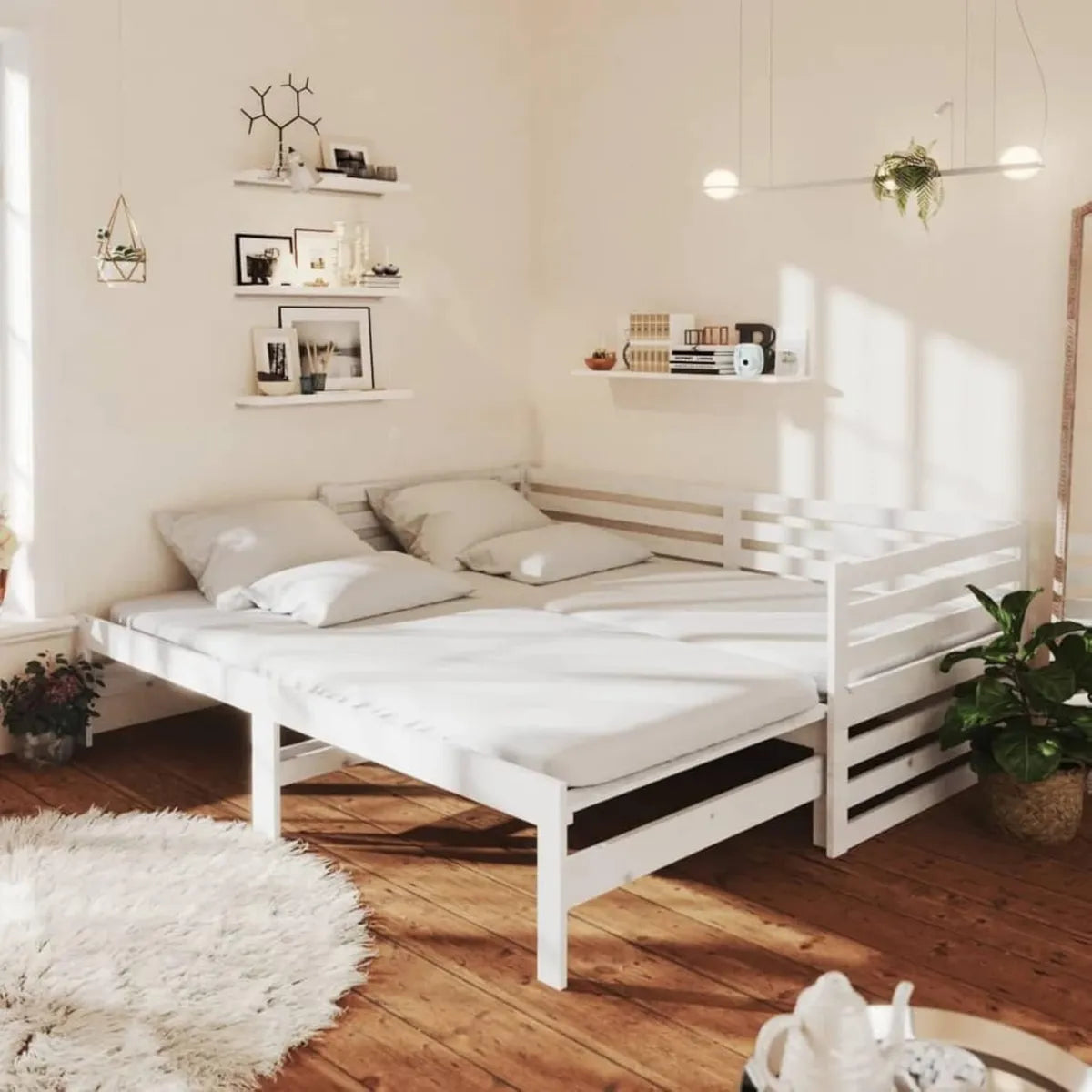 MOONAIRY Canapé-Lit Extensible en Pin Massif Blanc 90x200 cm