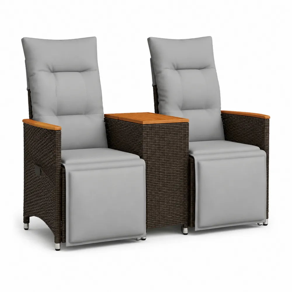 Fauteuils de jardin inclinables lot de 2 avec table d appoint résine tressée polyéthylène gris structure aluminium accoudoirs bois d acacia 70 cm 80 cm 105 cm