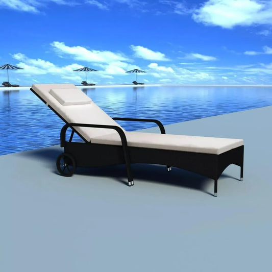 Transat de Jardin Réglable avec Coussin en Résine Tressée Noire