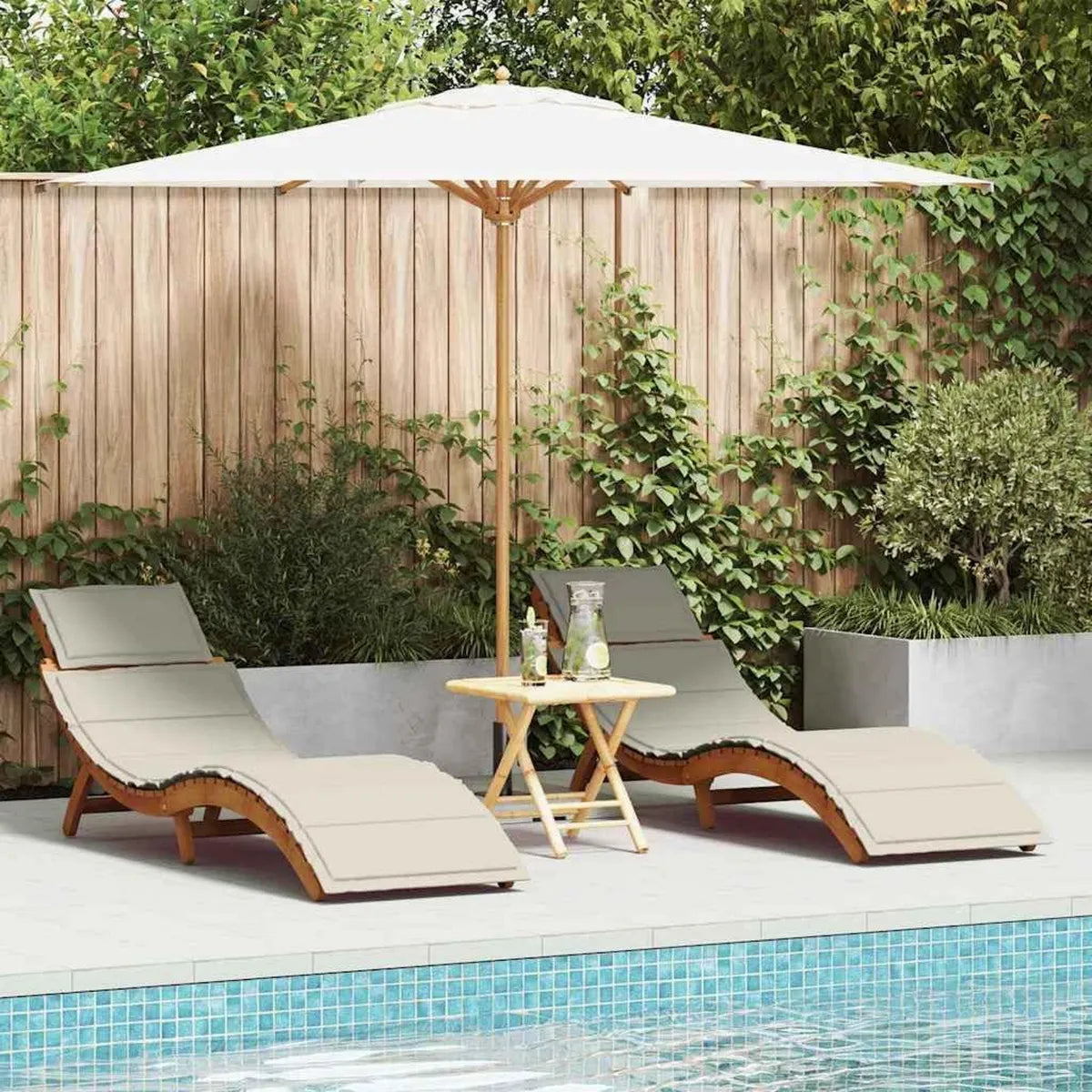 Chaise Longue en Bois d'Acacia avec Coussin Crème - Lot de 2 pour Jardin et Terrasse