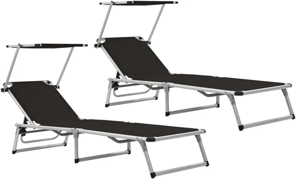 Paire de chaises longues pliables en aluminium, dossier ajustable, toit réglable, 186 x 58 x 75-105 cm, pour jardin et plage, noir