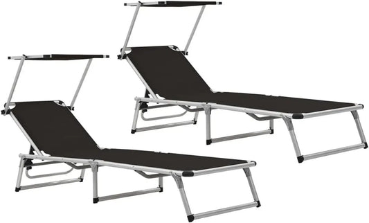 Paire de chaises longues pliables en aluminium, dossier ajustable, toit réglable, 186 x 58 x 75-105 cm, pour jardin et plage, noir