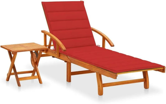 Chaise Longue Réglable en Bois d'Acacia avec Roues et Table pour Jardin et Balcon