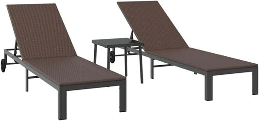 Ensemble de Chaises Longues de Jardin en Rotin avec Table, Réglable et Mobile, pour Terrasse et Balcon, 2 Personnes