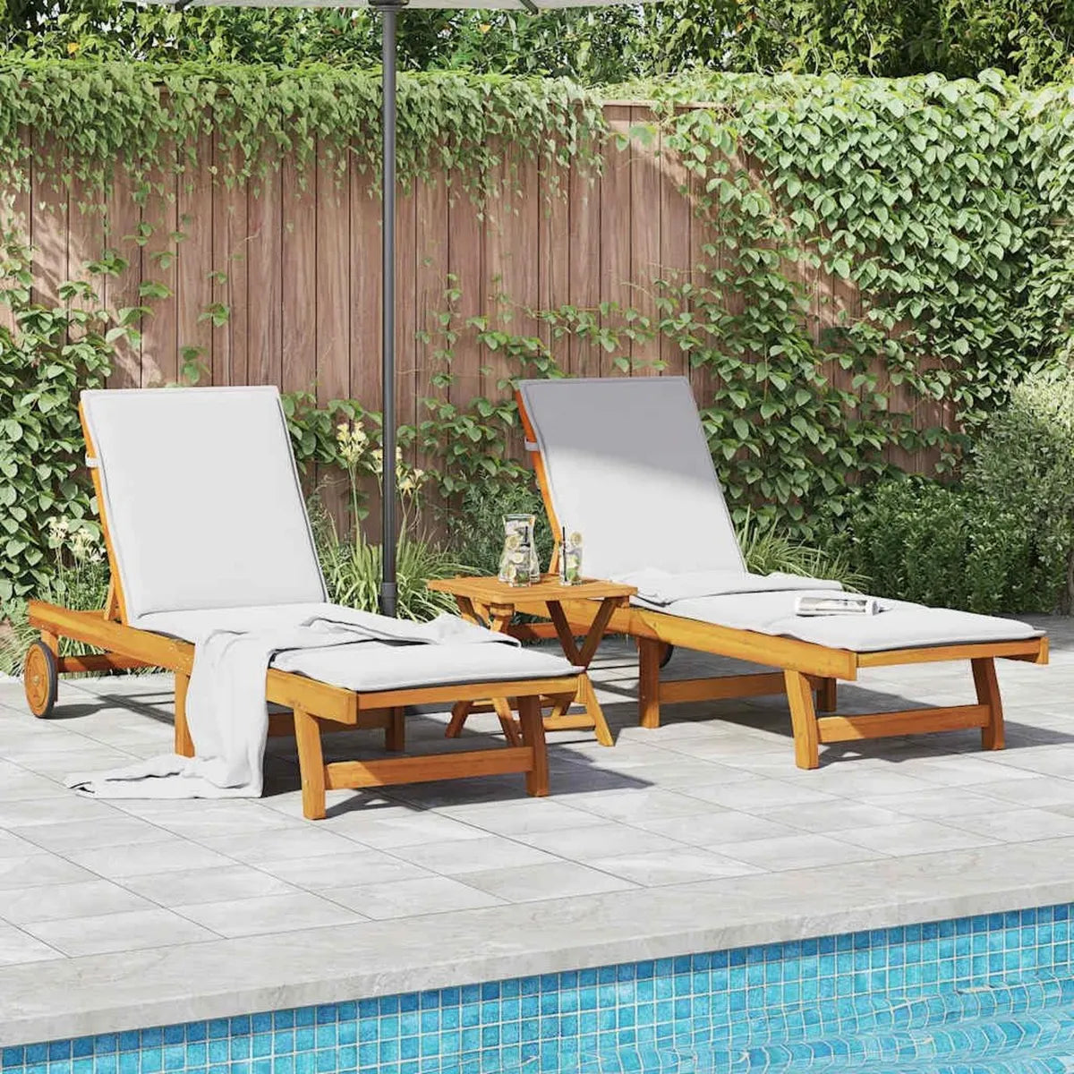 Ensemble de 2 chaises longues en acacia avec table pliante pour jardin