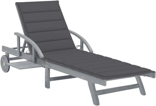 Transat de Jardin en Acacia avec Coussin Gris, Réglable et Mobile, Idéal pour Terrasse et Piscine