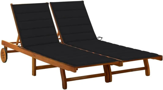 Bain de Soleil Double en Bois d'Acacia avec Coussins Noirs, Chaise Longue pour Jardin et Piscine