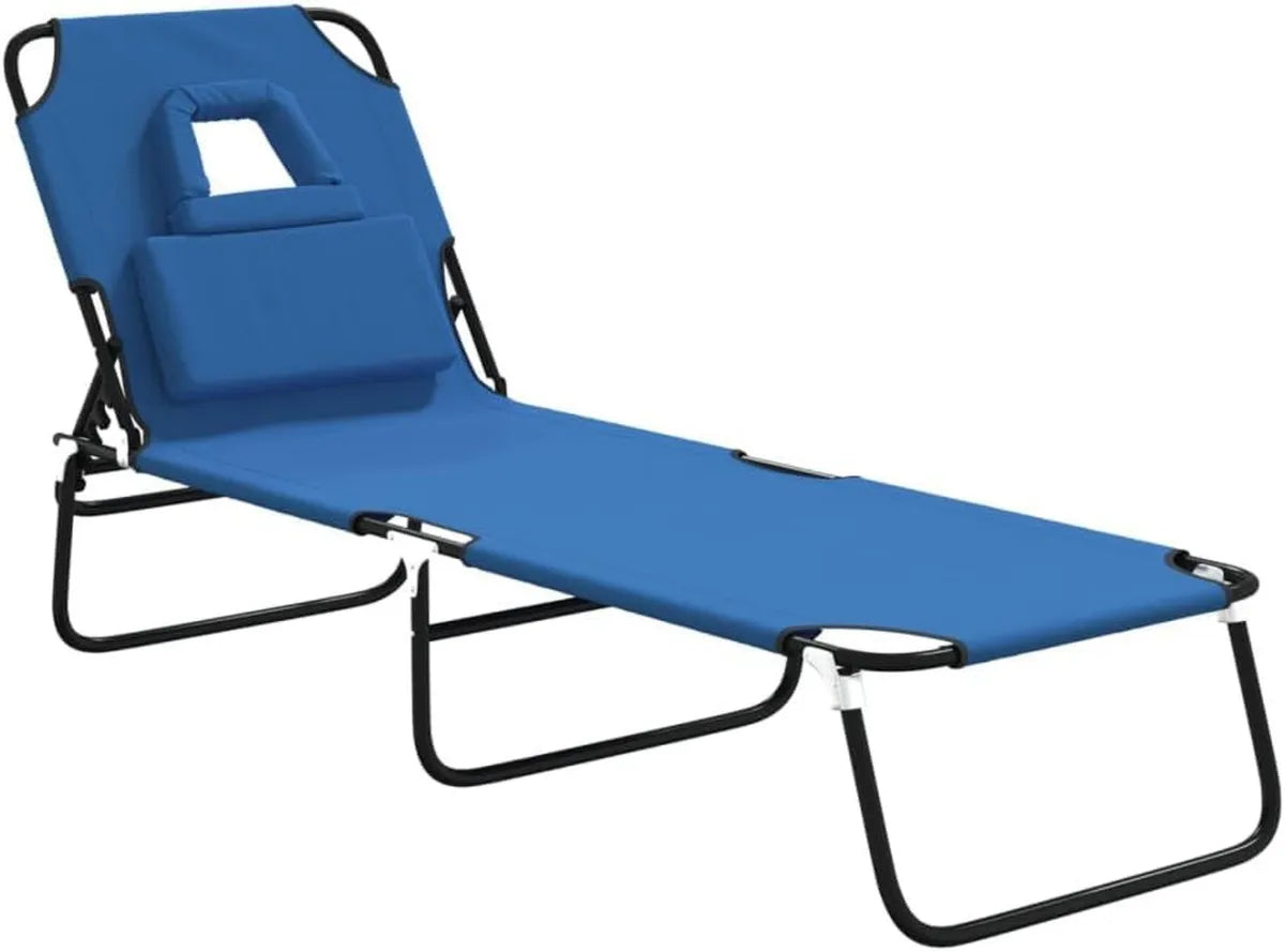 Transat de Jardin Réglable 5 Positions Bleu avec Oreiller et Trou Visage