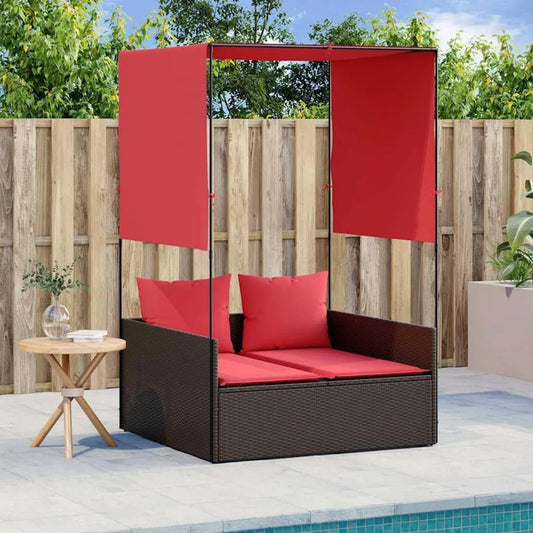 Lit de Jardin Double en Résine Tressée avec Toit et Coussins Confortables