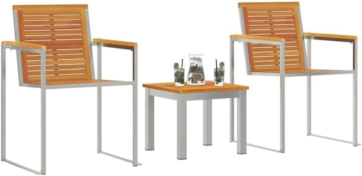 Ensemble de 3 Chaises Longues Marron en Bois d'Acacia et Acier Inoxydable pour Jardin
