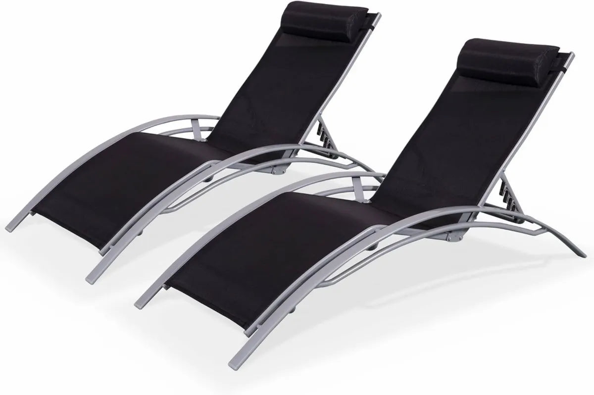 Chaises Longues en Aluminium Gris et Noir - Lot de 2 - Alice's Garden