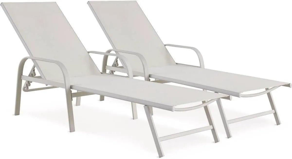 Lot de 2 Transats Inclinables en Métal et Textilène pour Jardin, Piscine et Balcon - Blanc