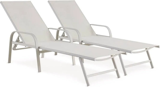 Lot de 2 Transats Inclinables en Métal et Textilène pour Jardin, Piscine et Balcon - Blanc