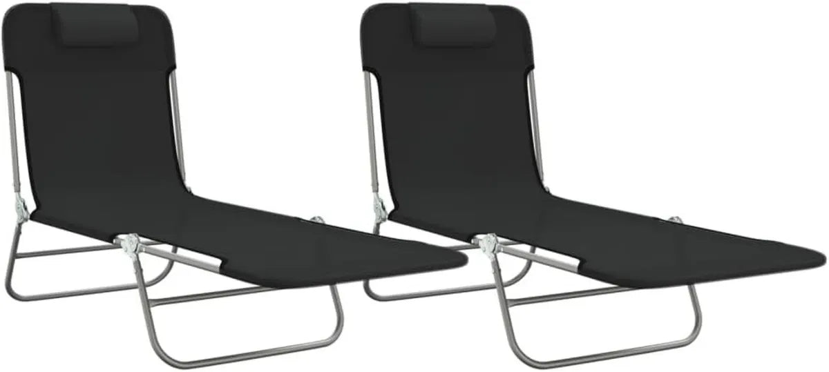 Ensemble de 2 Chaises Longues Noires Pliantes pour Jardin et Plage en Textilène