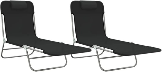 Ensemble de 2 Chaises Longues Noires Pliantes pour Jardin et Plage en Textilène