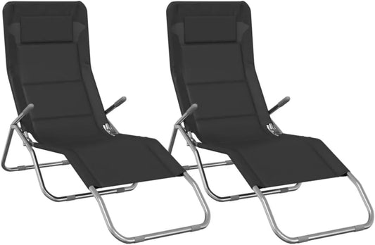 Ensemble de 2 Transats Pliables Noirs, Avec Dossier Ergonomique Rembourré, Idéal pour Terrasse et Jardin