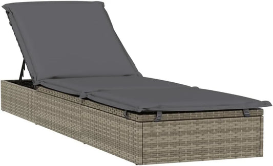 Chaise Longue Réglable en Résine Tressée avec Coussin Gris - Transat de Jardin 201x55x62 cm pour Piscine, Balcon ou Camping
