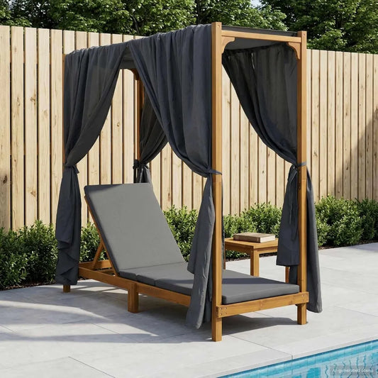 Transat en Bois d'Acacia avec Auvent et Rideaux Gris, Dossier Réglable et Coussin, 68x200x175 cm pour Jardin