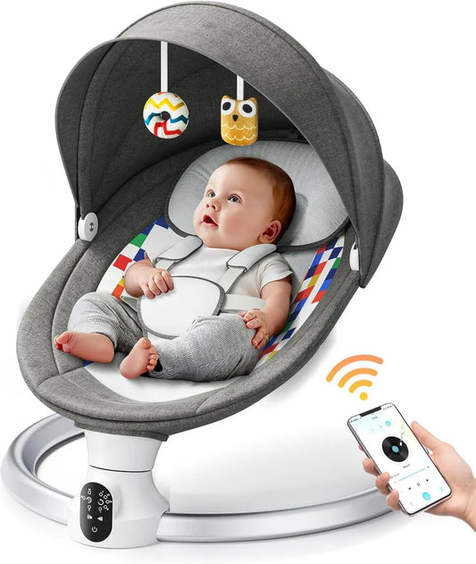 Balancelle Électrique pour Bébé avec Télécommande et Bluetooth, 5 Réglages de Vibration, Minuterie et Musique, Harnais de Sécurité 5 Points