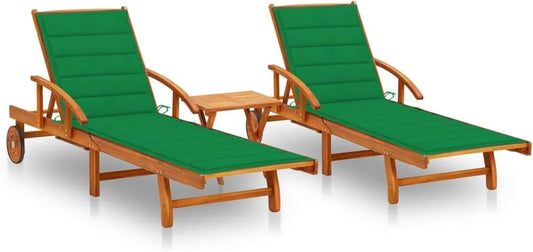 Lot de 2 Chaises Longues avec Table et Coussin en Acacia Massif, Bain de Soleil Réglable, avec Roues, pour Jardin et Extérieur