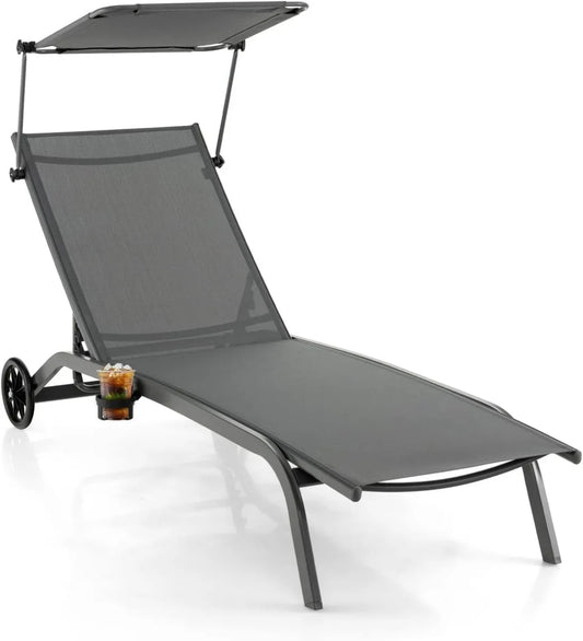 Chaise Longue Pliable avec Dossier Réglable et Pare-Soleil, Inclinaison 6 Positions, Idéale pour Jardin ou Terrasse - Gris