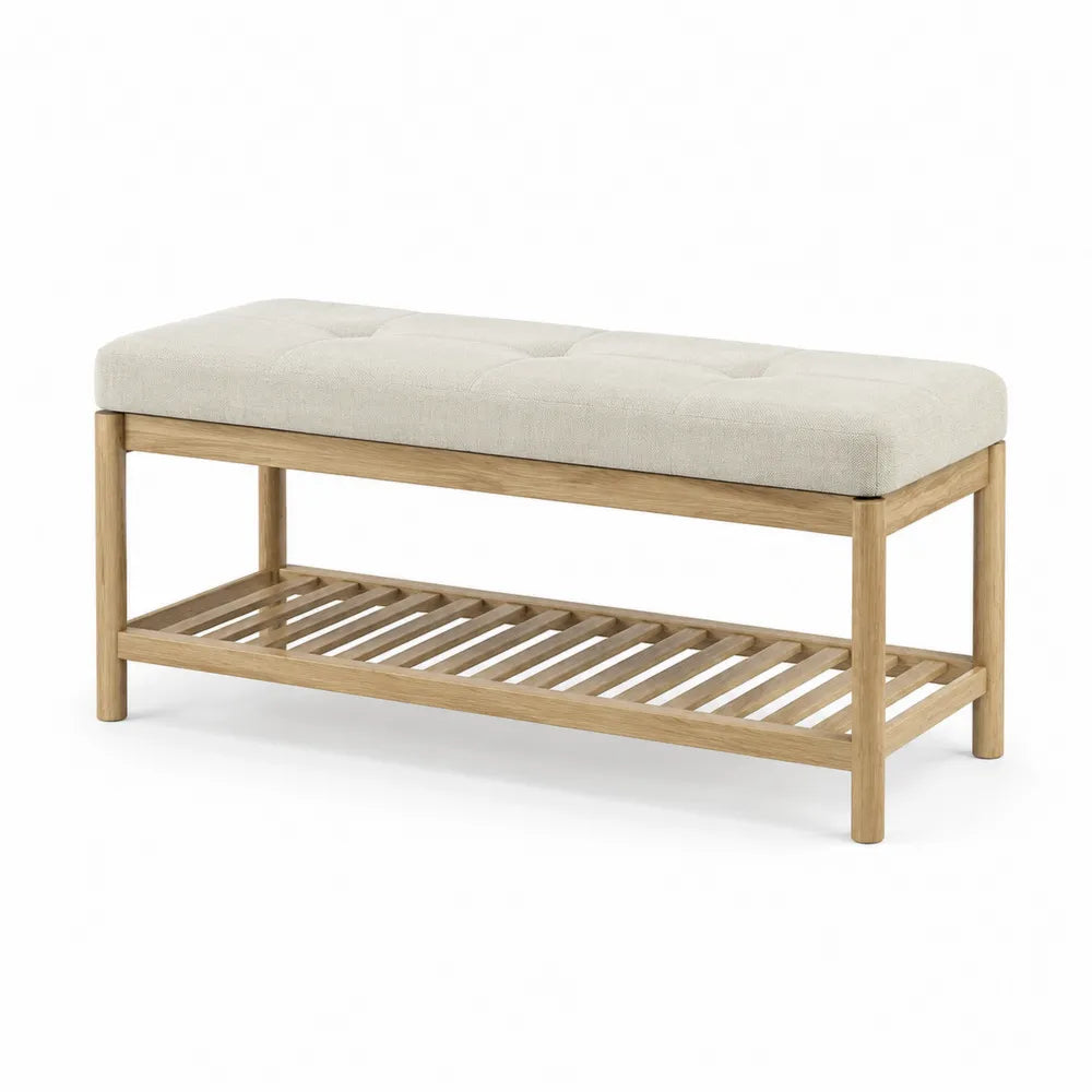 Banc de chambre 100 x 40 x 45 cm avec assise rembourrée en tissu beige structure bois naturel et étagère inférieure à lattes