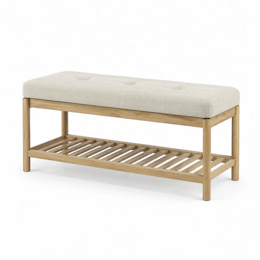Banc de chambre 100 x 40 x 45 cm avec assise rembourrée en tissu beige structure bois naturel et étagère inférieure à lattes
