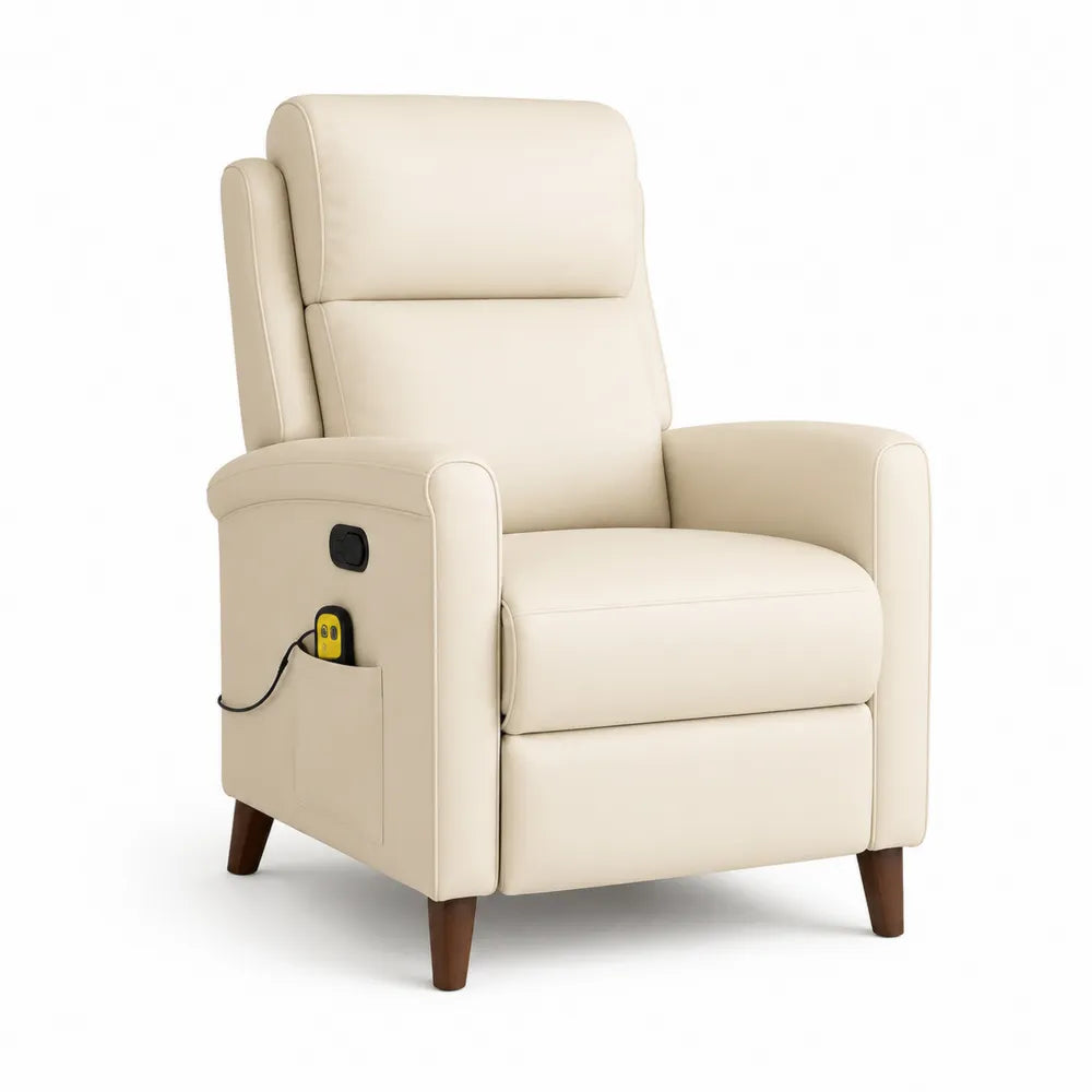 Fauteuil relax électrique inclinable 80 x 90 x 105 cm revêtement cuir synthétique PU beige avec poche latérale et pieds en bois