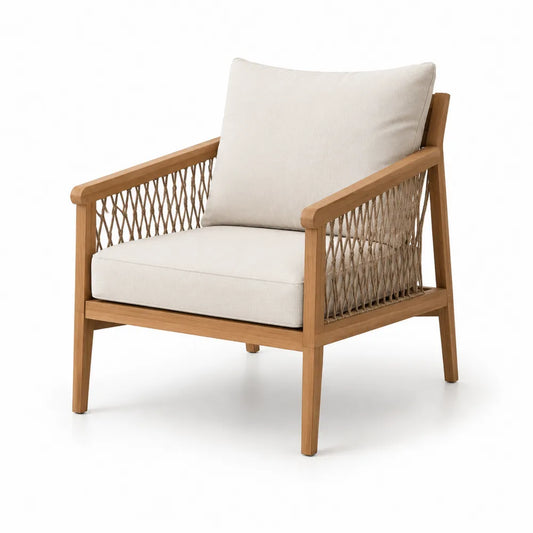 Fauteuil de jardin 1 place 75 cm x 75 cm x 75 cm bois massif corde tressée polyester coussins beige structure naturelle