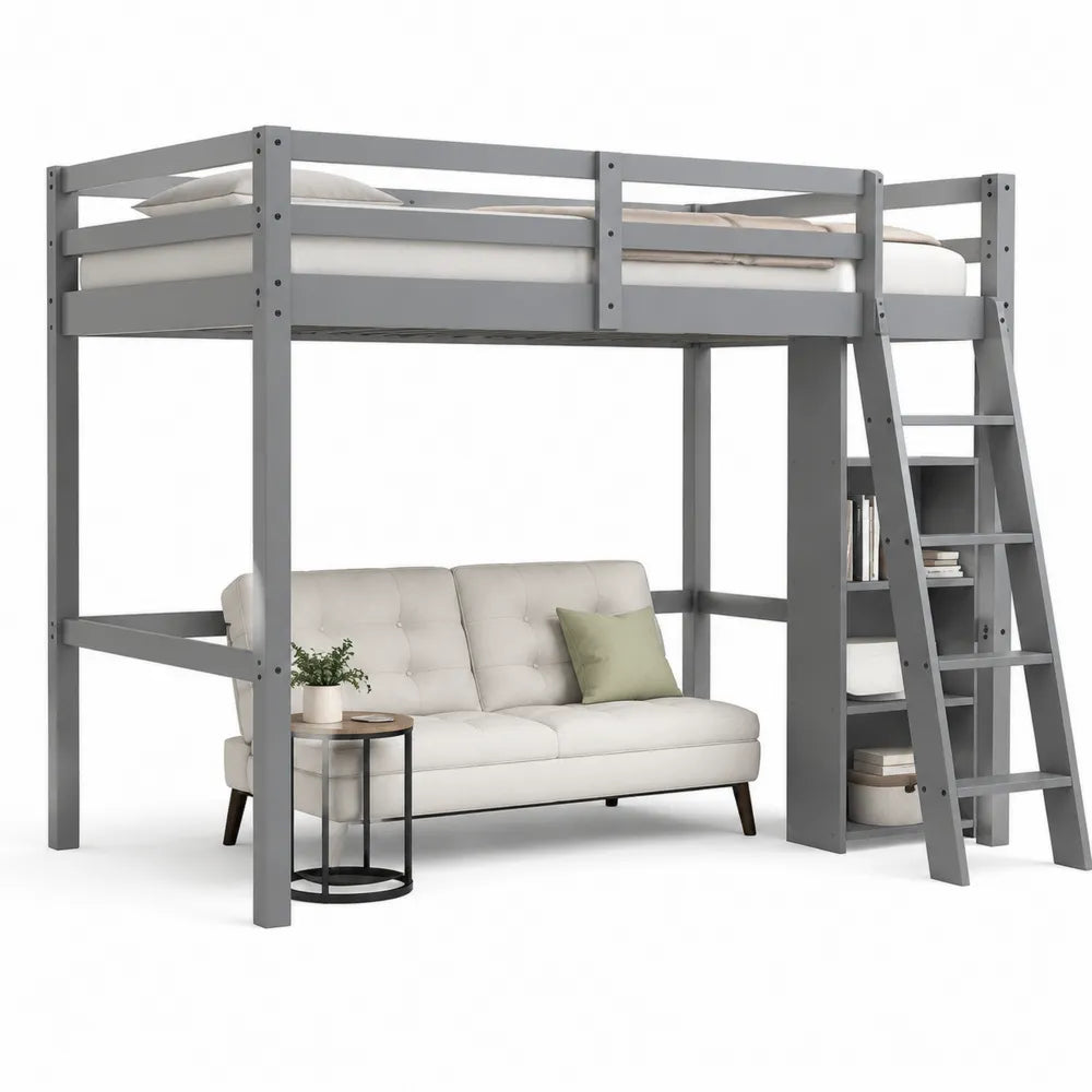 lit mezzanine 90 cm x 200 cm structure acier gris avec canapé convertible et rangements escalier latéral en bois et métal